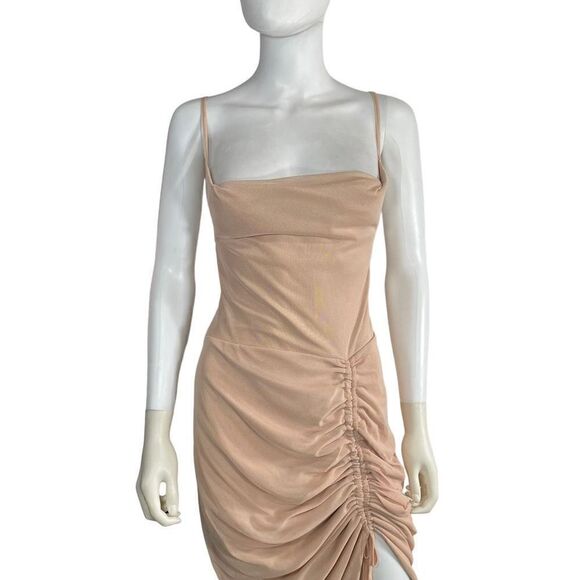 Pretty Little Thing Women’s 8 Nude Ruched Side Split Maternity MIDI Dress Mesh - Picture 3 of 10